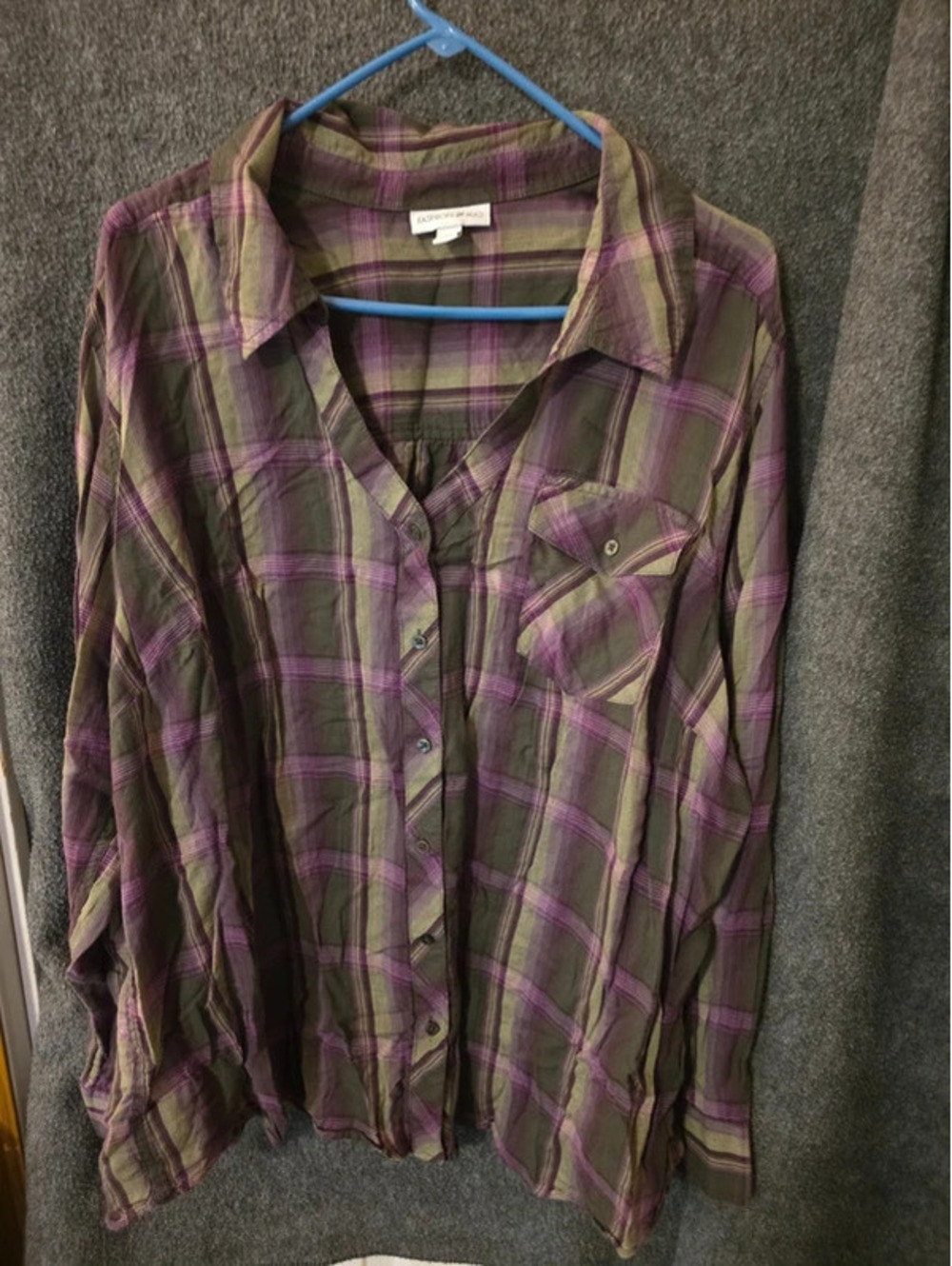 Fashion Bug Womens 3X Olive Green Purple Plaid Long Sleeve Button Front Tunic